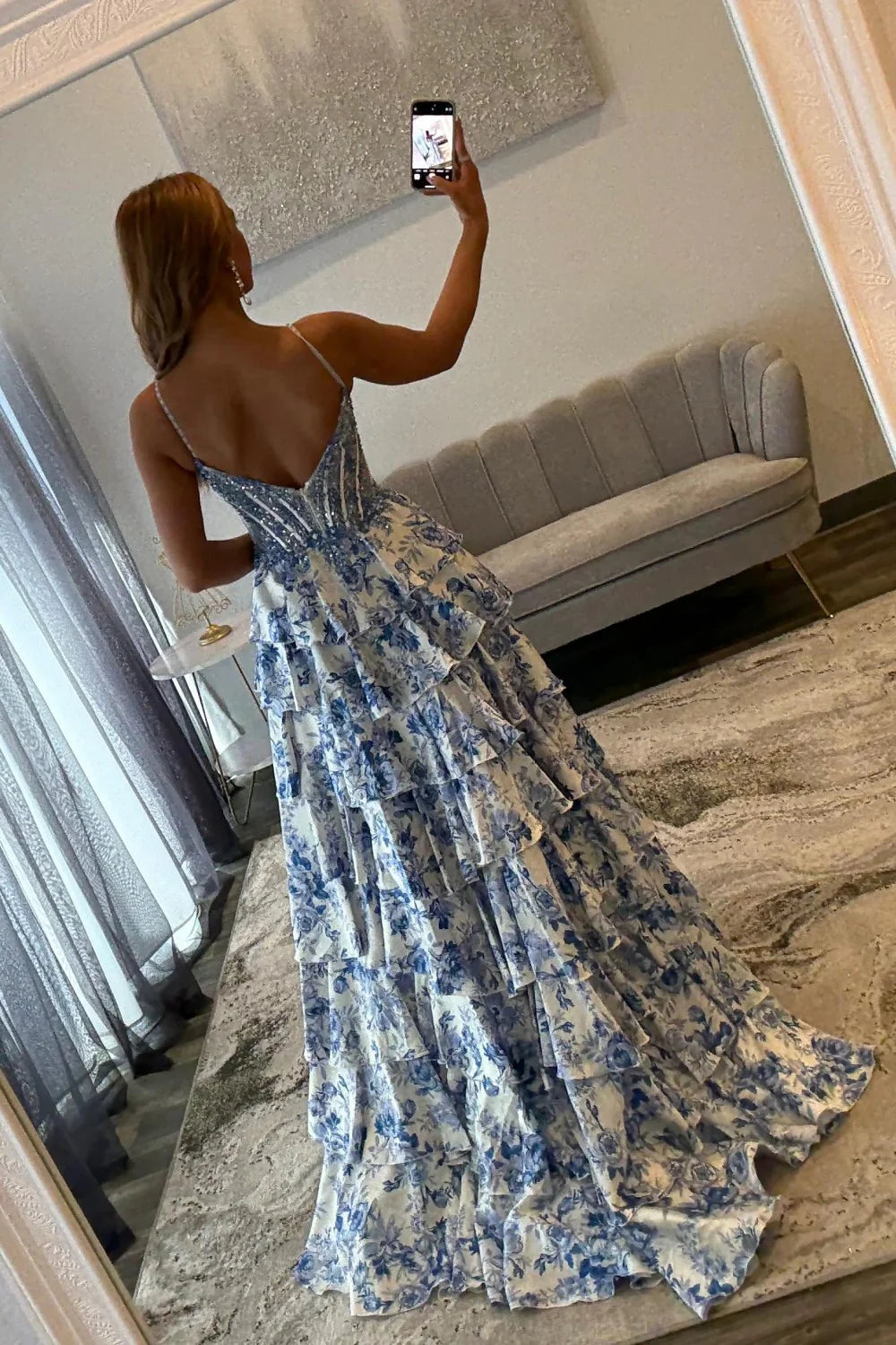 Blue Floral Spaghetti Straps Ruffle High-Slit Prom Dress With Lace Bodice AD610