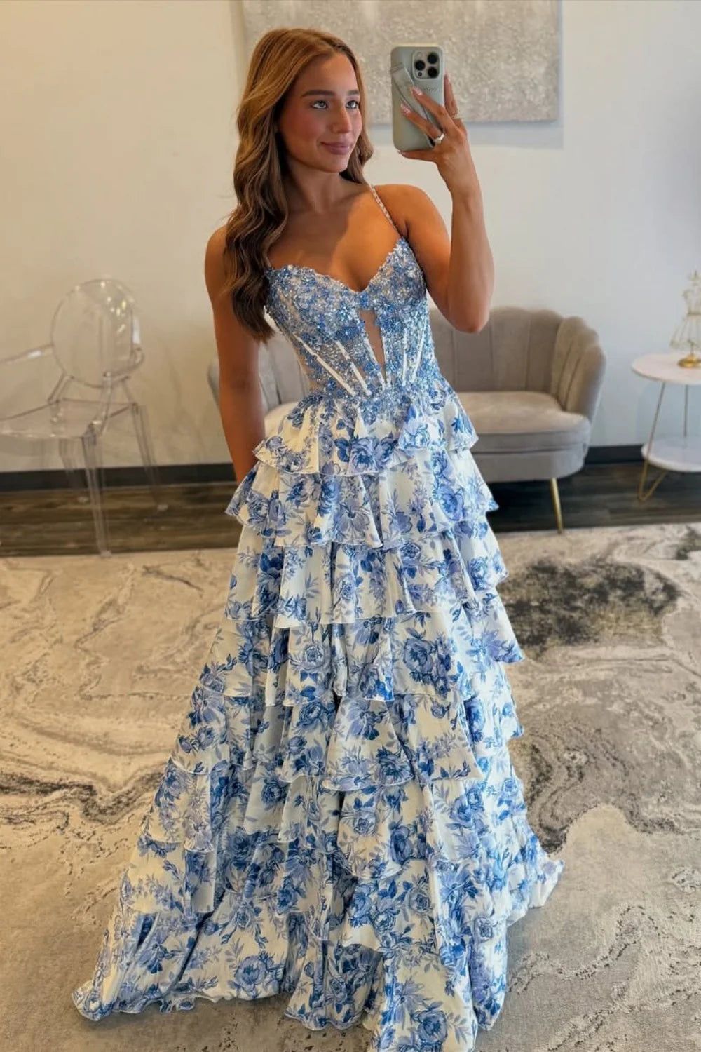 Blue Floral Spaghetti Straps Ruffle High-Slit Prom Dress With Lace Bodice AD610