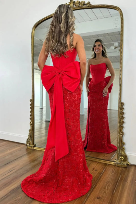 Red Lace Formal Gown With Structured Corset Bodice And Statement Bow AD611