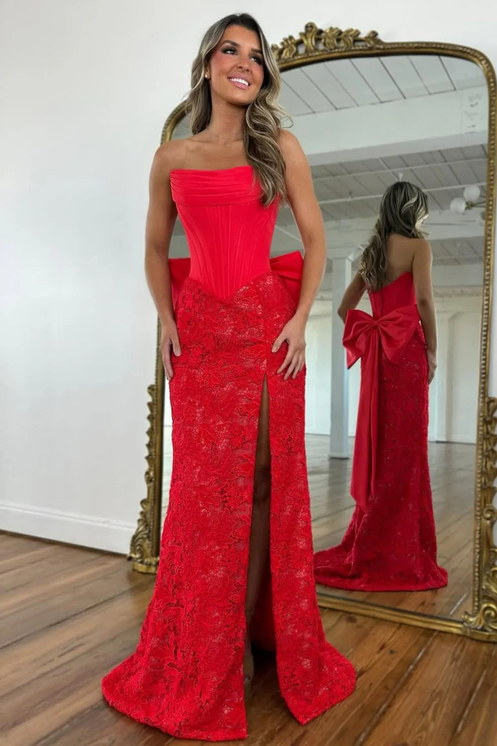 Red Lace Formal Gown With Structured Corset Bodice And Statement Bow AD611