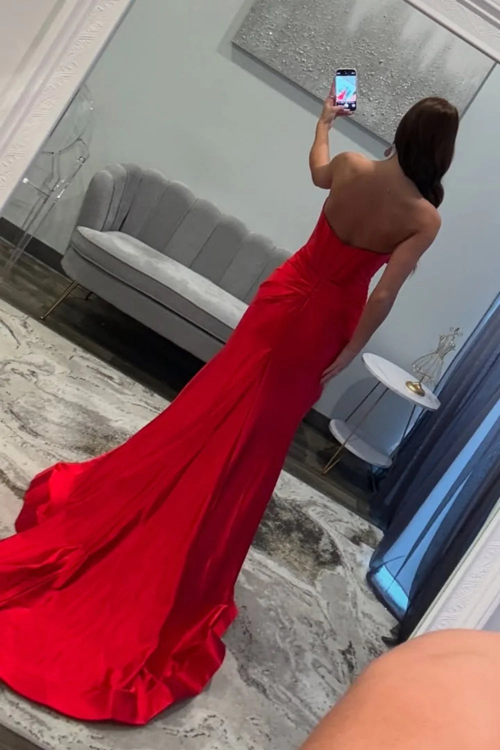 Red Strapless Bow Front Long Mermaid Prom Dress With High Slit AD613