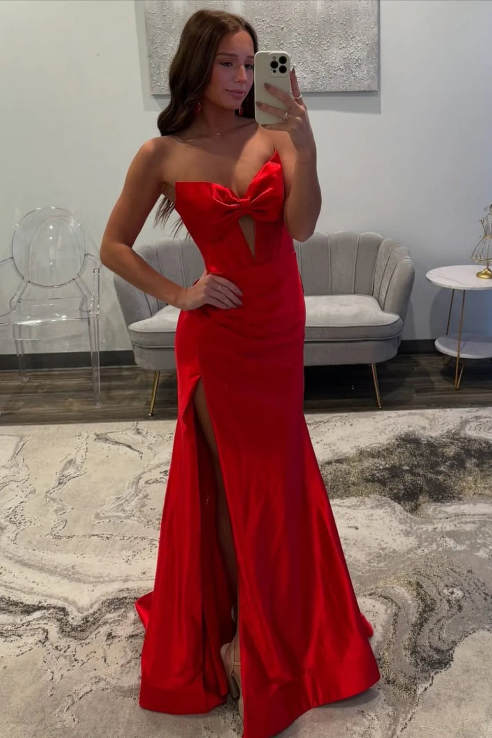 Red Strapless Bow Front Long Mermaid Prom Dress With High Slit AD613