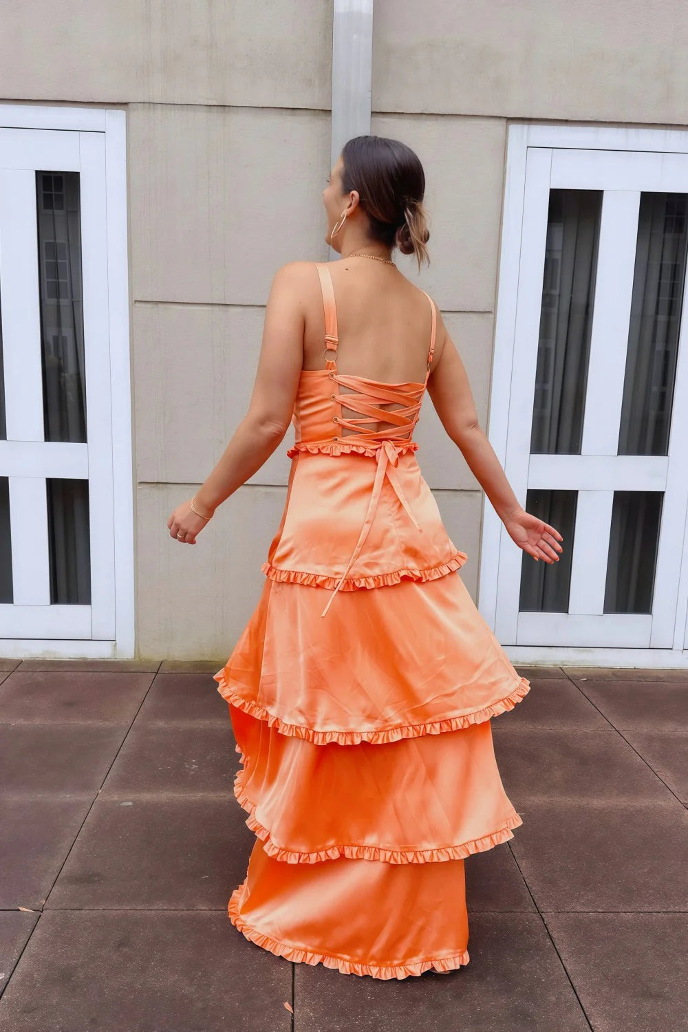 Pink Tiered Ruffle Square Neck Lace Up Prom Dress With High Slit AD614
