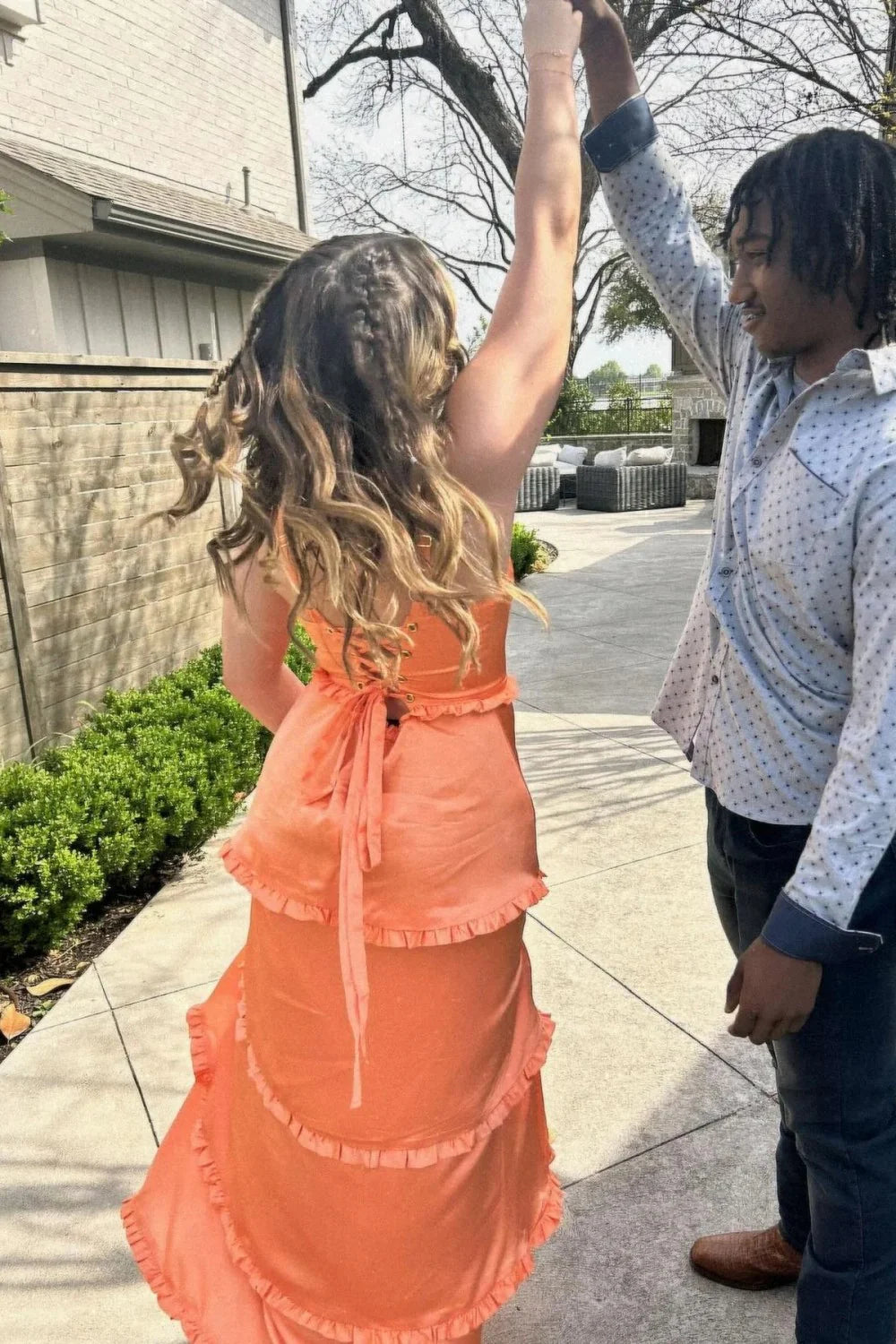 Pink Tiered Ruffle Square Neck Lace Up Prom Dress With High Slit AD614