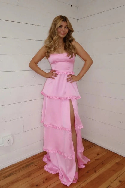 Pink Tiered Ruffle Square Neck Lace Up Prom Dress With High Slit AD614