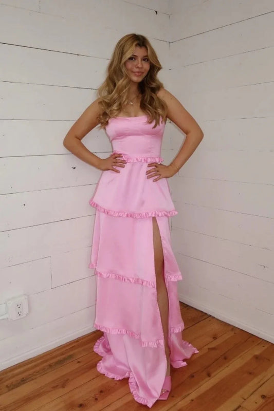 Pink Tiered Ruffle Square Neck Lace Up Prom Dress With High Slit AD614