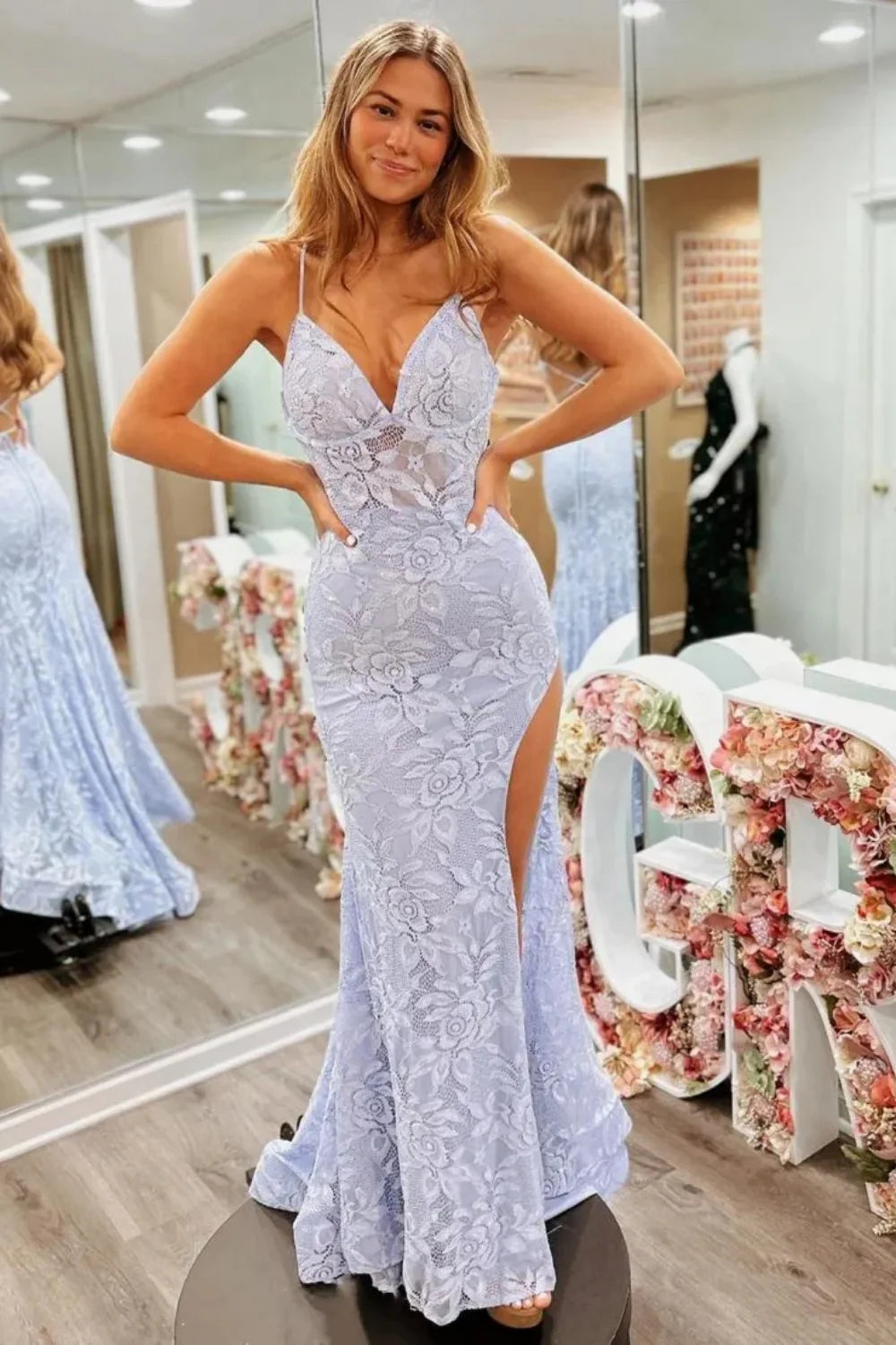 Floral Lavender Lace Spaghetti Straps Lace Up Prom Gown With Slit AD616