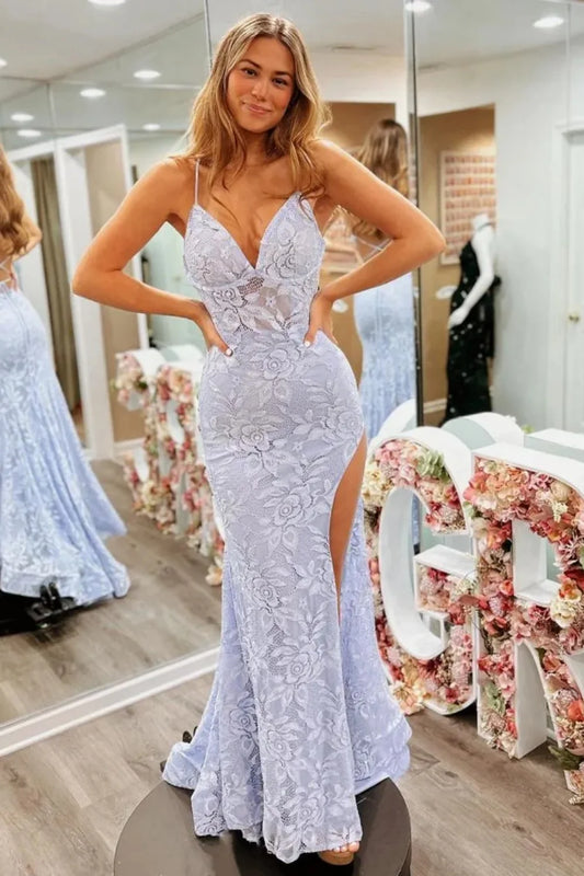 Floral Lavender Lace Spaghetti Straps Lace Up Prom Gown With Slit AD616