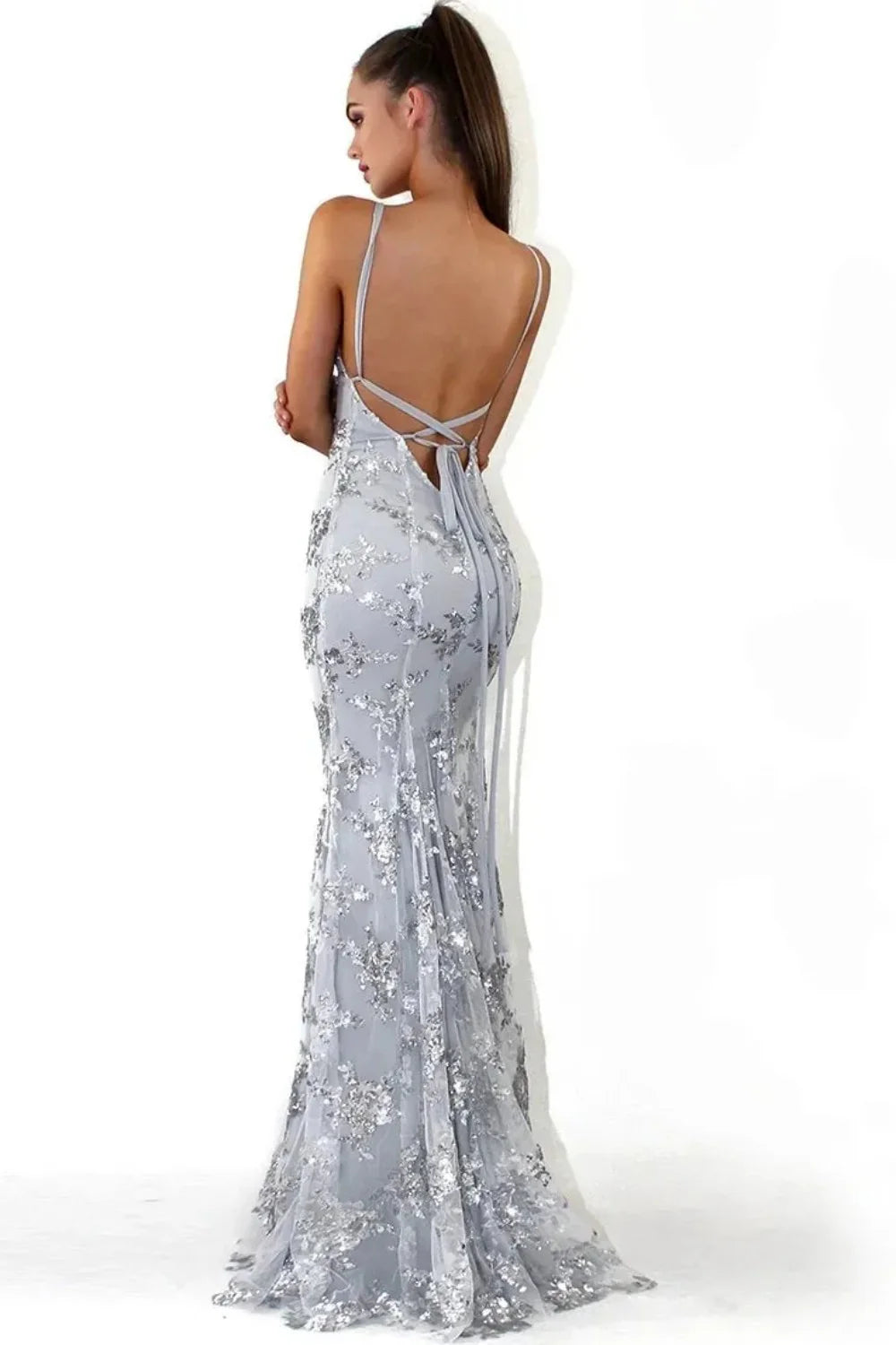 Sparkly Silver Applique Fitted Prom Gown With Crisscross Back AD618