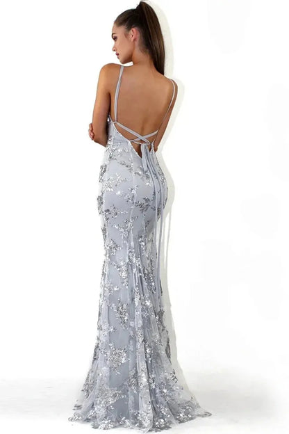 Sparkly Silver Applique Fitted Prom Gown With Crisscross Back AD618