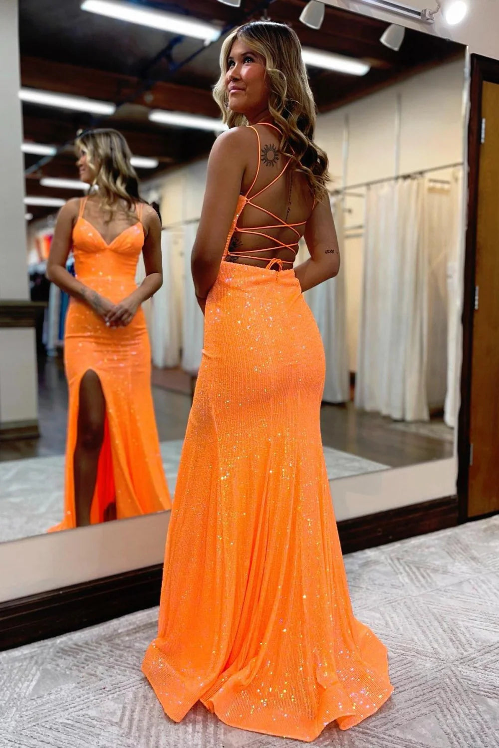 Orange Sequin Spaghetti Straps Lace Up Long Prom Dress With Slit AD619