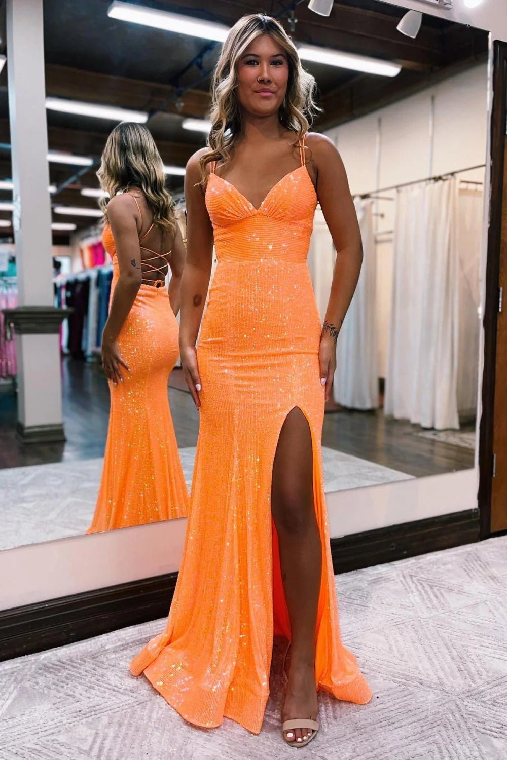 Orange Sequin Spaghetti Straps Lace Up Long Prom Dress With Slit AD619