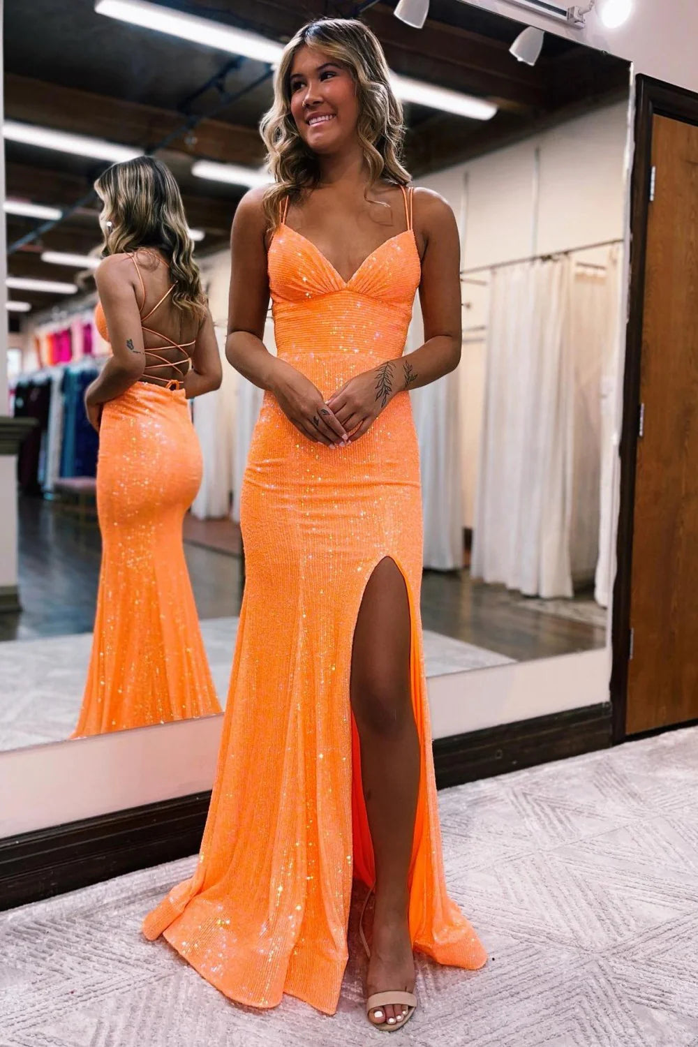 Orange Sequin Spaghetti Straps Lace Up Long Prom Dress With Slit AD619