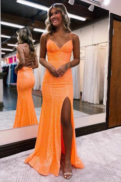 Orange Sequin Spaghetti Straps Lace Up Long Prom Dress With Slit AD619