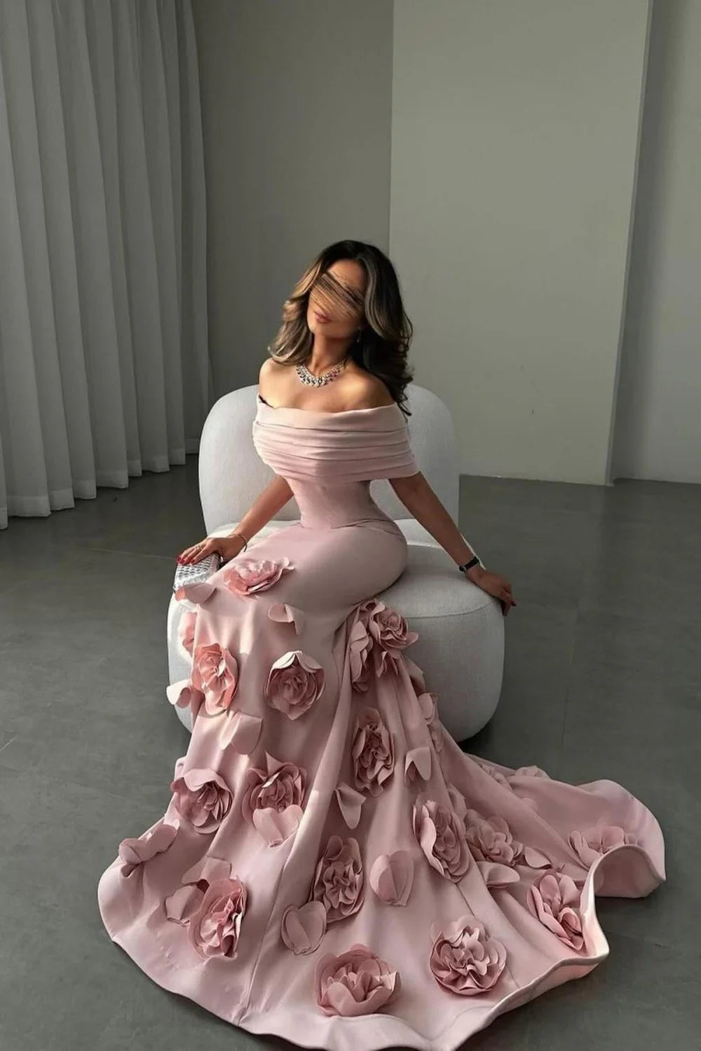 Romantic Off-Shoulder Pink Mermaid Prom Dress With Floral Train AD620