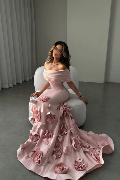 Romantic Off-Shoulder Pink Mermaid Prom Dress With Floral Train AD620