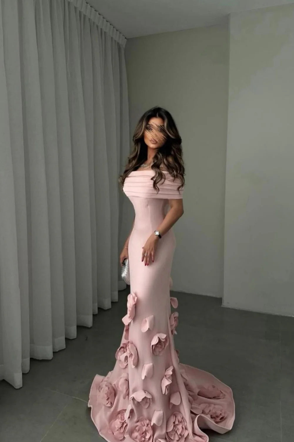 Romantic Off-Shoulder Pink Mermaid Prom Dress With Floral Train AD620