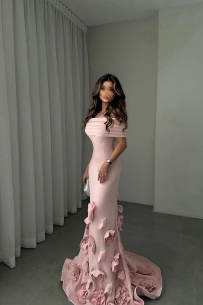 Romantic Off-Shoulder Pink Mermaid Prom Dress With Floral Train AD620