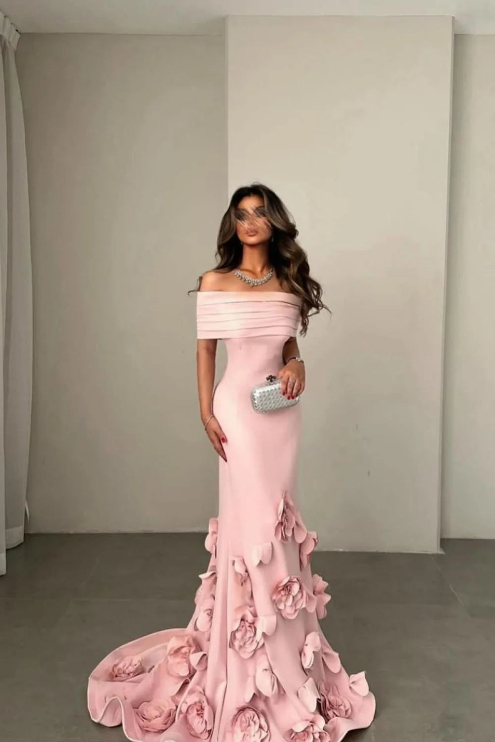 Romantic Off-Shoulder Pink Mermaid Prom Dress With Floral Train AD620