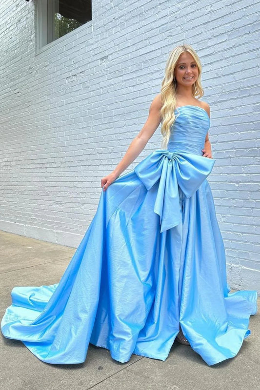 Light Blue Satin Prom Dress With Dramatic Bow And Flowy Skirt AD621