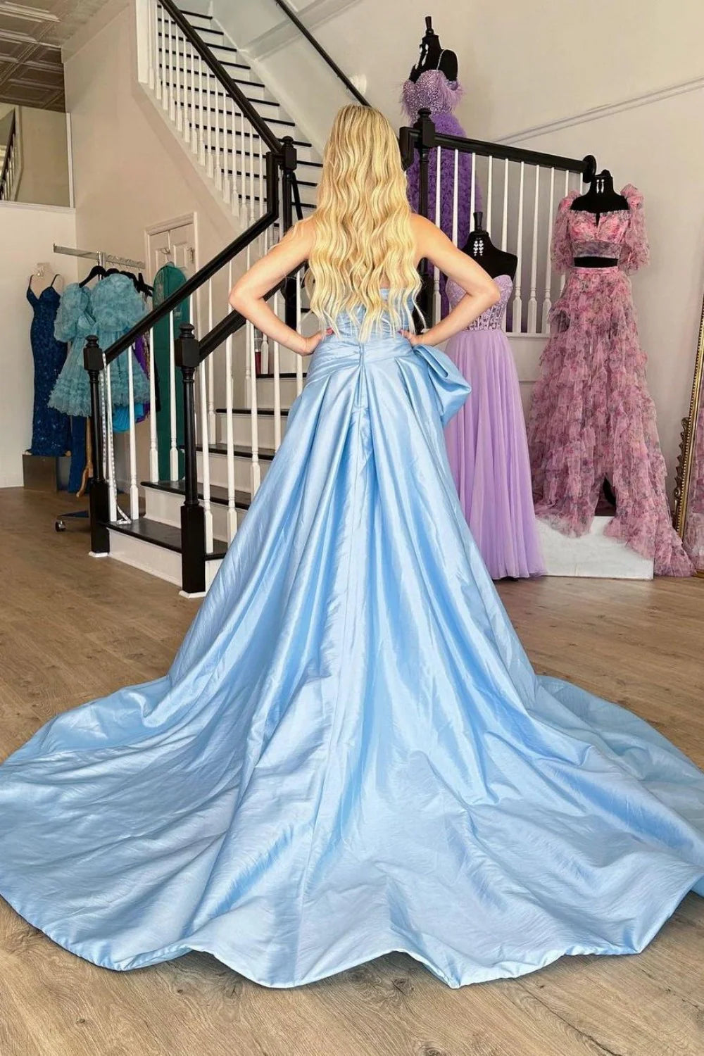 Light Blue Satin Prom Dress With Dramatic Bow And Flowy Skirt AD621