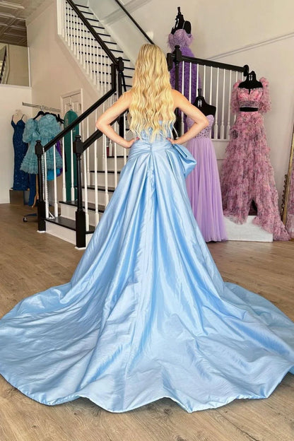 Light Blue Satin Prom Dress With Dramatic Bow And Flowy Skirt AD621