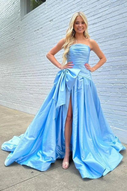 Light Blue Satin Prom Dress With Dramatic Bow And Flowy Skirt AD621