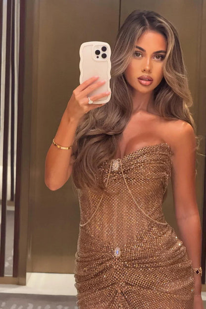 Shimmer Brown Strapless Mermaid Prom Gown With Sparkling Rhinestone Details AD624