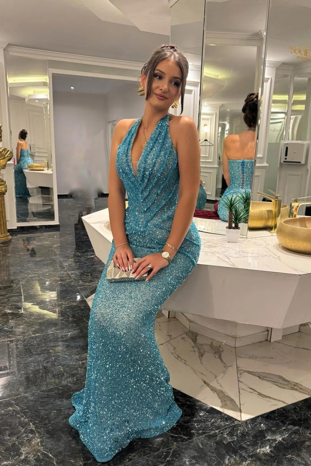 Sparkly Blue Halter Mrmaid Prom Gown With Plunging Neckline AD625