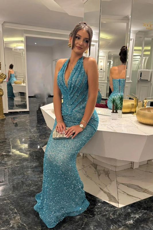 Sparkly Blue Halter Mrmaid Prom Gown With Plunging Neckline AD625