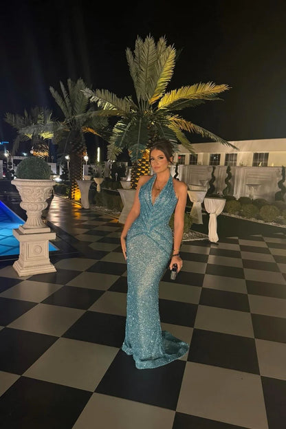 Sparkly Blue Halter Mrmaid Prom Gown With Plunging Neckline AD625