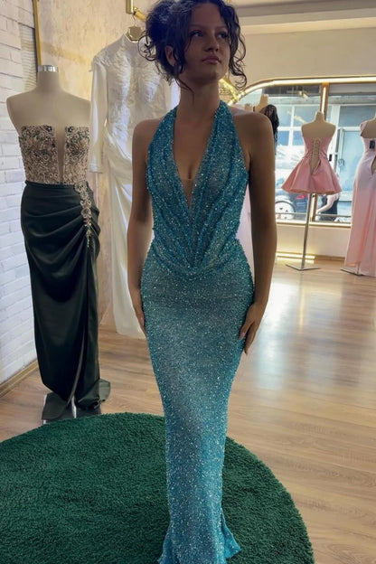 Sparkly Blue Halter Mrmaid Prom Gown With Plunging Neckline AD625