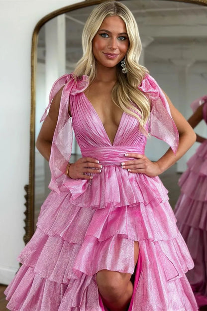 Glam Pink A-Line Tiered Ruffle V-Neck Prom Gown With High Slit AD626