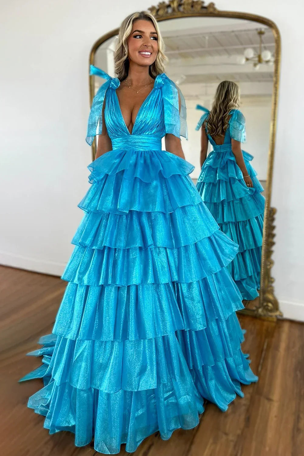 Glam Pink A-Line Tiered Ruffle V-Neck Prom Gown With High Slit AD626