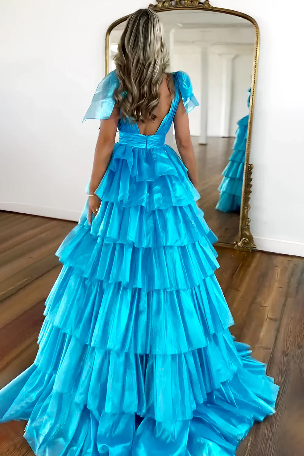 Glam Pink A-Line Tiered Ruffle V-Neck Prom Gown With High Slit AD626