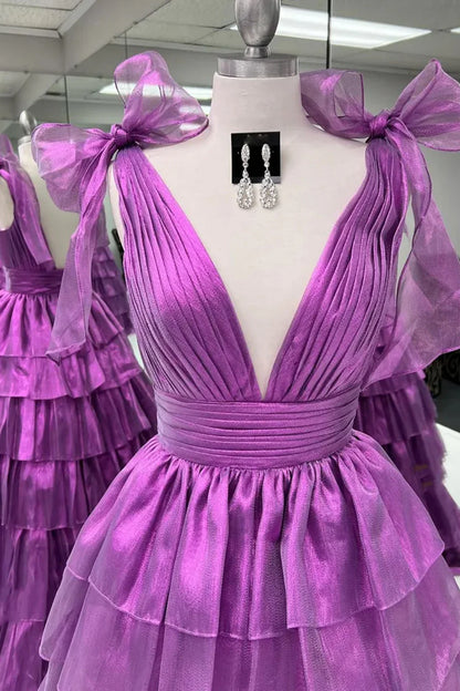 Glam Pink A-Line Tiered Ruffle V-Neck Prom Gown With High Slit AD626