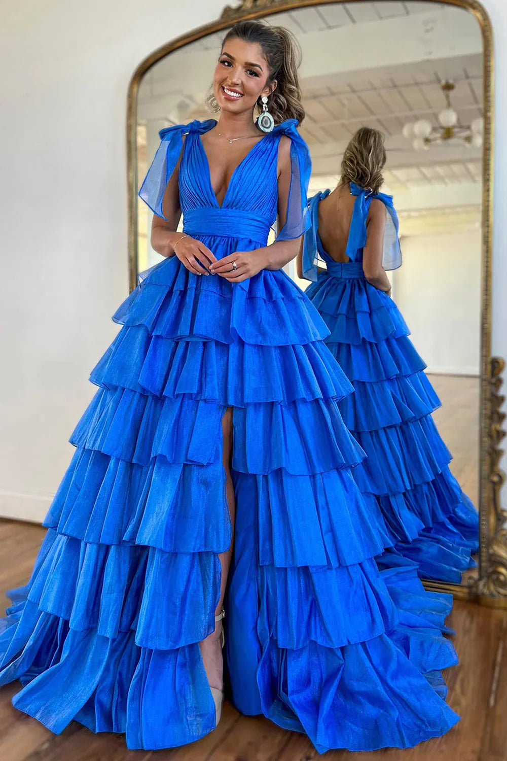 Glam Pink A-Line Tiered Ruffle V-Neck Prom Gown With High Slit AD626