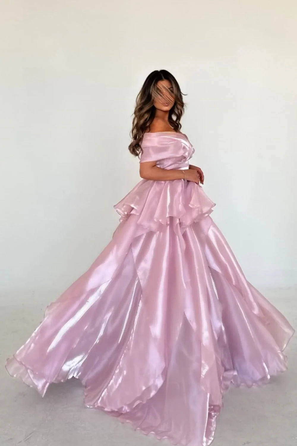 Gorgeous Pink Off-The-Shoulder Ruffled Layered Ball Gown Prom Dress AD627