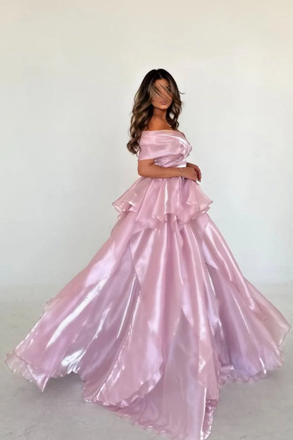 Gorgeous Pink Off-The-Shoulder Ruffled Layered Ball Gown Prom Dress AD627