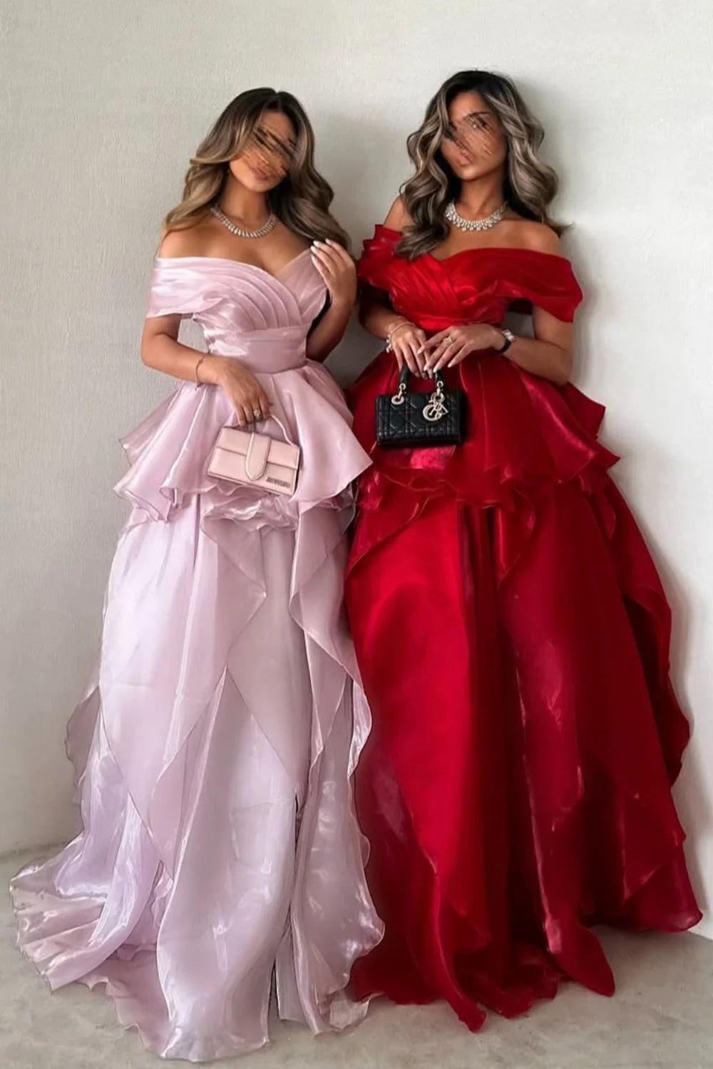 Gorgeous Pink Off-The-Shoulder Ruffled Layered Ball Gown Prom Dress AD627