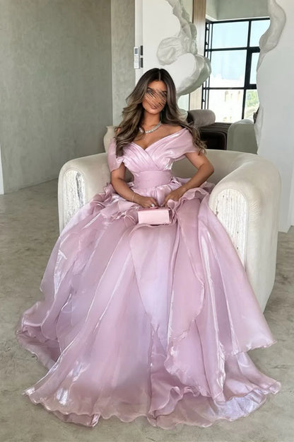 Gorgeous Pink Off-The-Shoulder Ruffled Layered Ball Gown Prom Dress AD627
