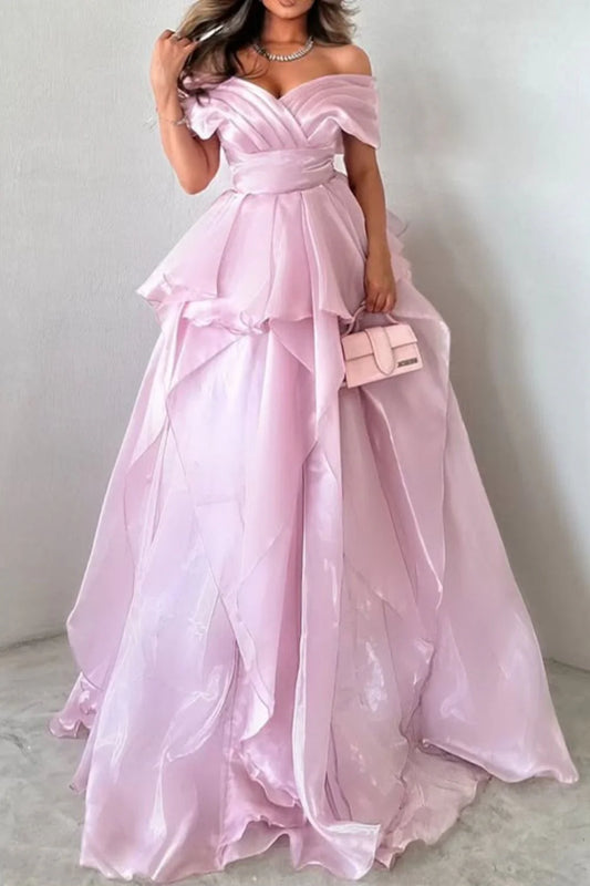 Gorgeous Pink Off-The-Shoulder Ruffled Layered Ball Gown Prom Dress AD627