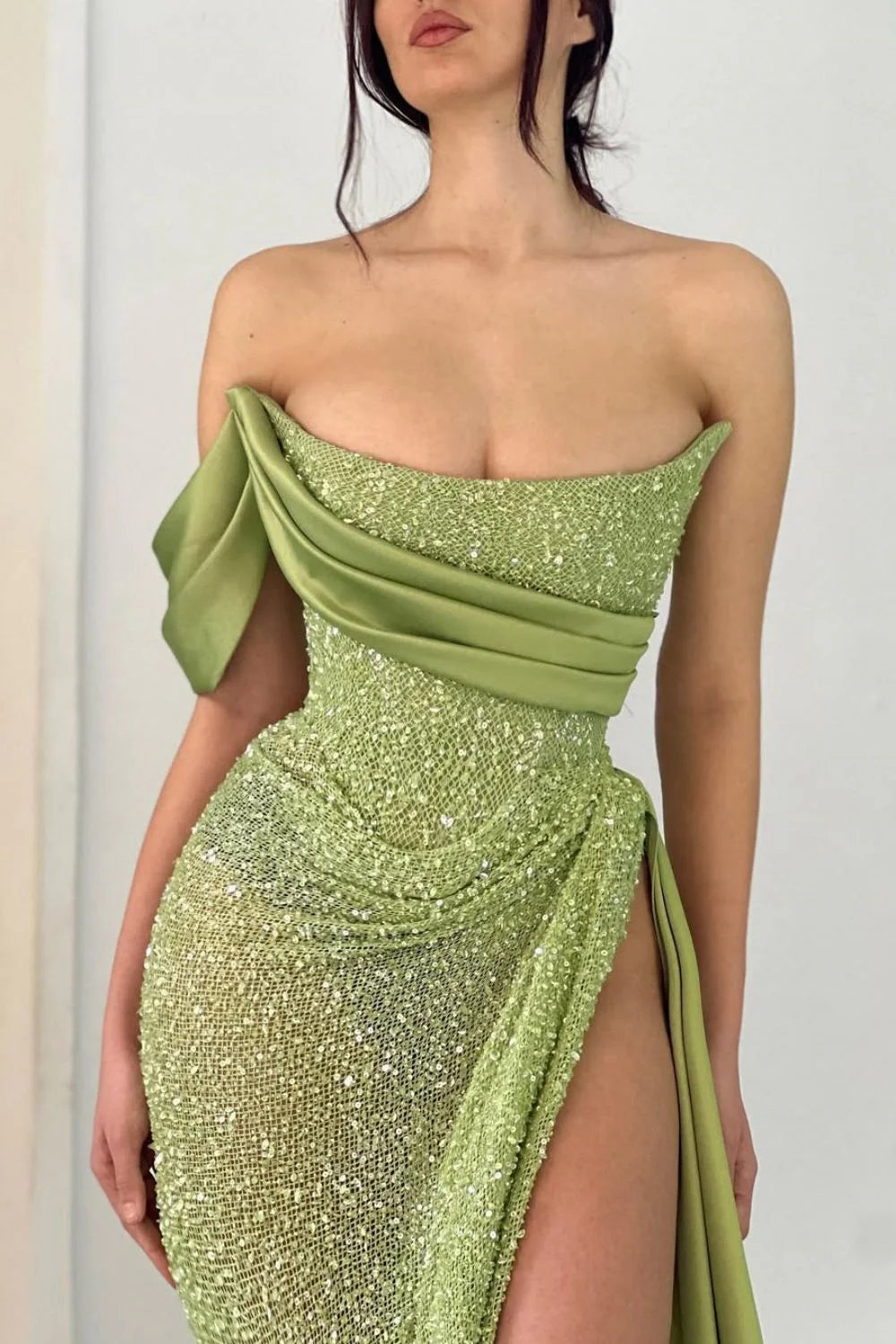 Sage Green Off-The-Shoulder Beaded Prom Dress With High Slit AD628