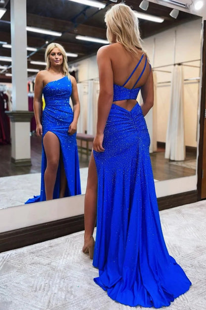 Asymmetric Beaded Gown With Figure Hugging Silhouette Split Prom Dresses AD629