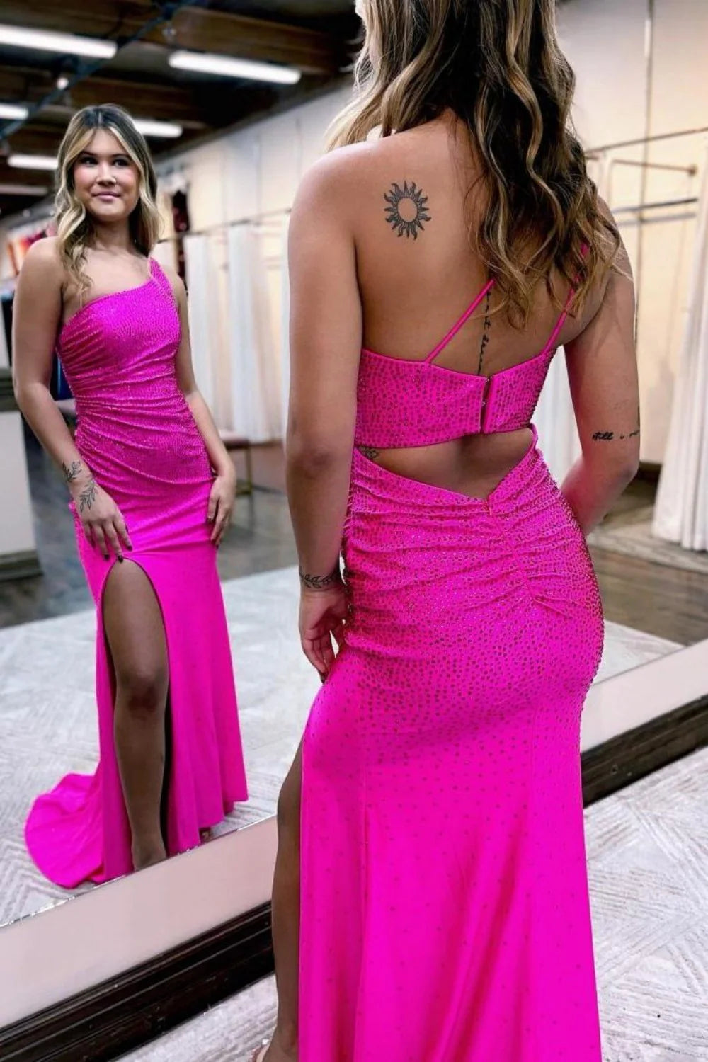 Asymmetric Beaded Gown With Figure Hugging Silhouette Split Prom Dresses AD629