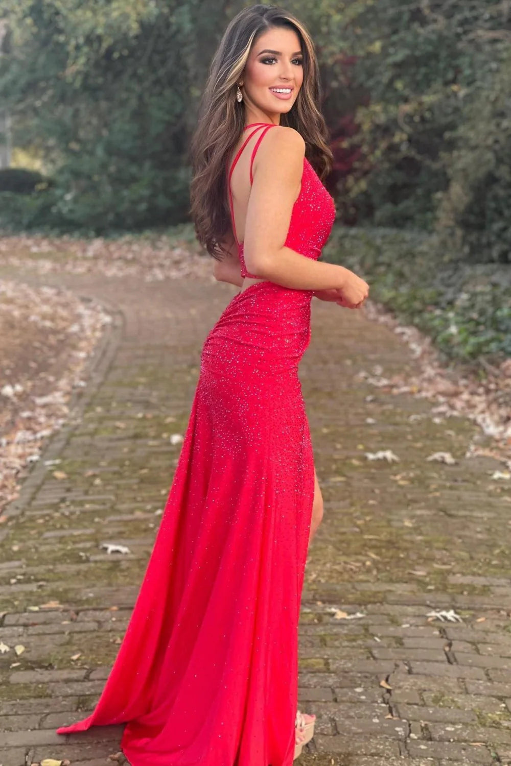 Asymmetric Beaded Gown With Figure Hugging Silhouette Split Prom Dresses AD629