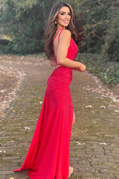 Asymmetric Beaded Gown With Figure Hugging Silhouette Split Prom Dresses AD629