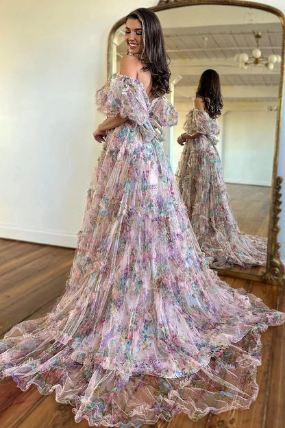 Whimsical Floral Tulle Off-The-Shoulder Dress With Belt For Formal Events AD630
