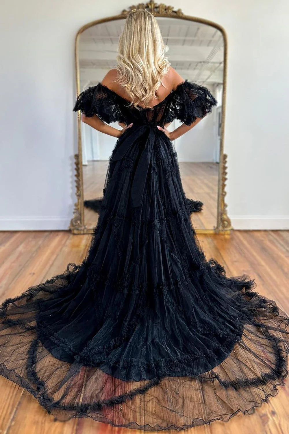 Whimsical Floral Tulle Off-The-Shoulder Dress With Belt For Formal Events AD630