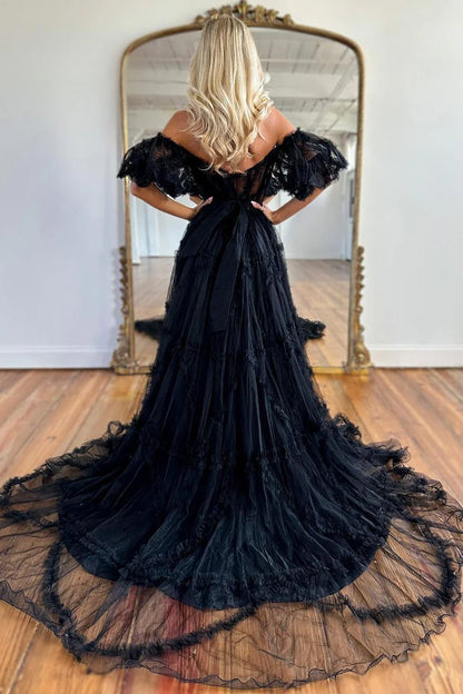 Whimsical Floral Tulle Off-The-Shoulder Dress With Belt For Formal Events AD630